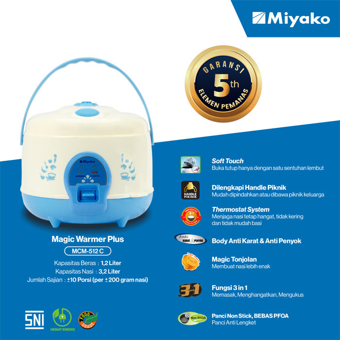 Miyako Rice Cooker 3in1 Magic Com 1.2 Liter 300 Watt Minimalis MCM512C / MCM-512C